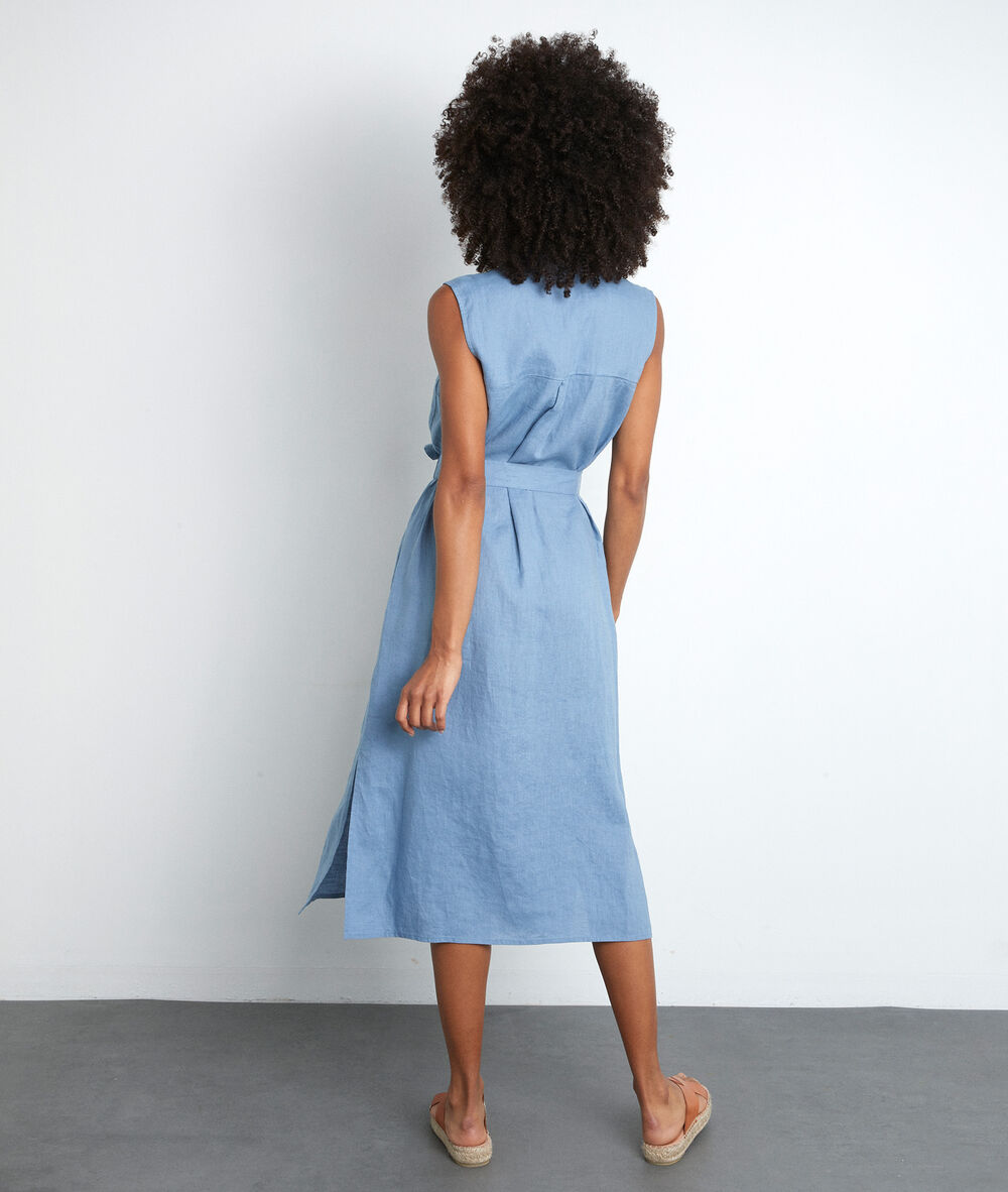 Robe chemise sans manches en lin certifié bleu ciel cyrielle bougainvilliers.