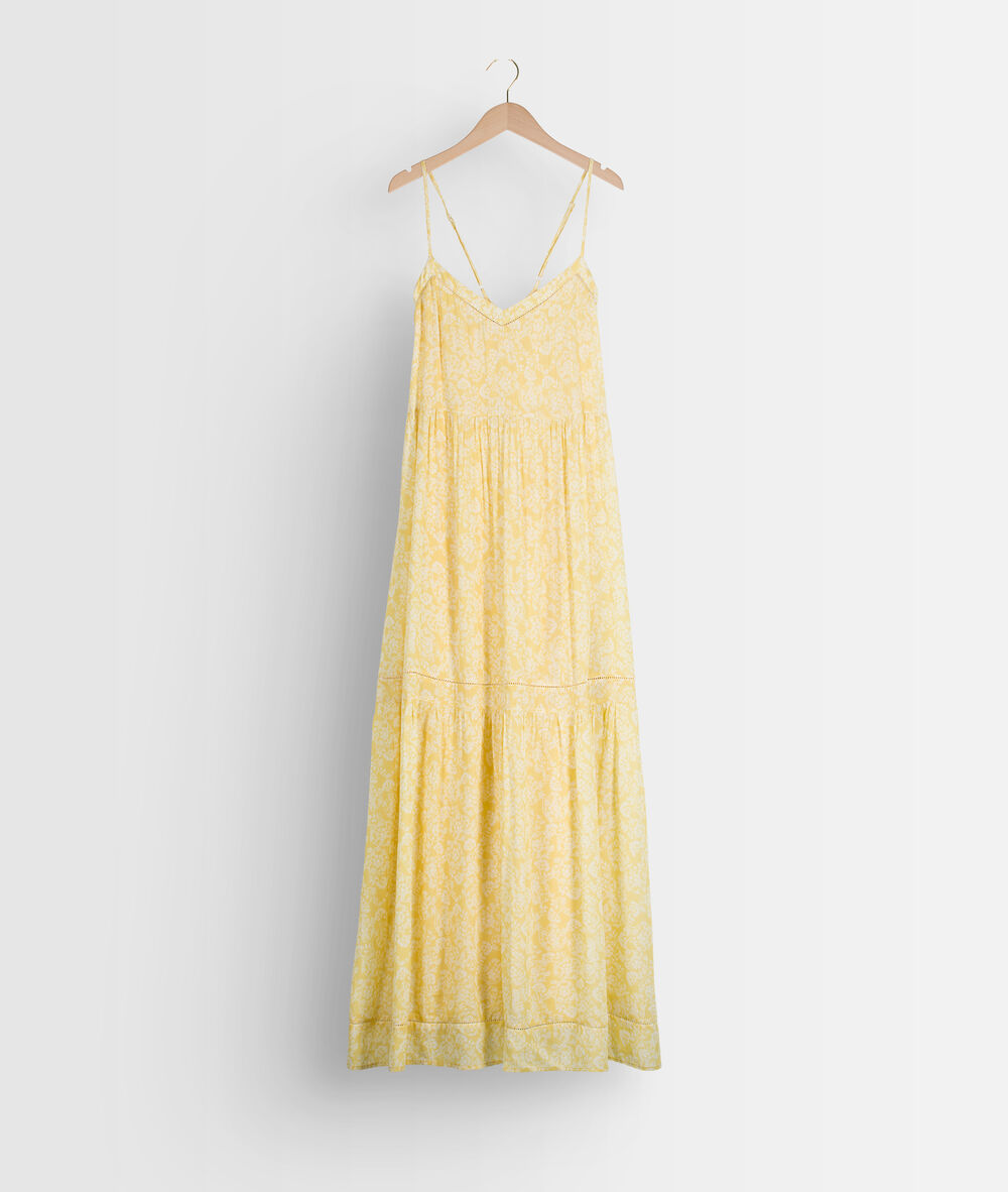 Robe longue à bretelles fines imprimée jaune safia citron.
