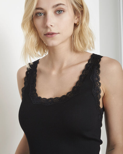 Débardeur noir soie et coton encolure dentelle guest noir.