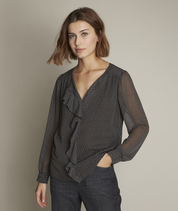 Bedruckte bluse mit volants eleanore schwarz.