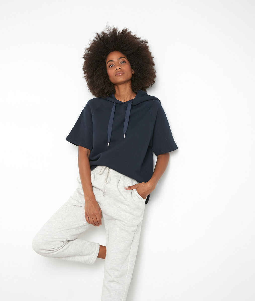 Marineblauwe sweater met korte mouwen en capuchon Enzo | 1-2-3 Marineblauwe sweater met korte mouwen en capuchon Enzo PhotoZ | 1-2-3