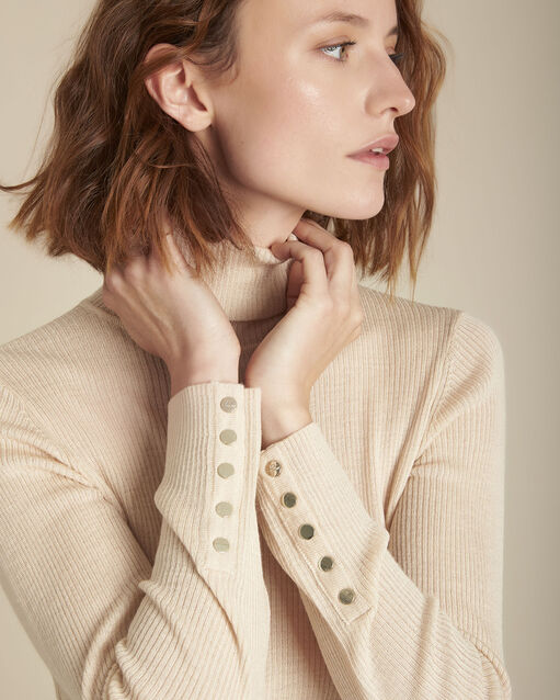 Pull beige côtelé col roulé florale ficelle.