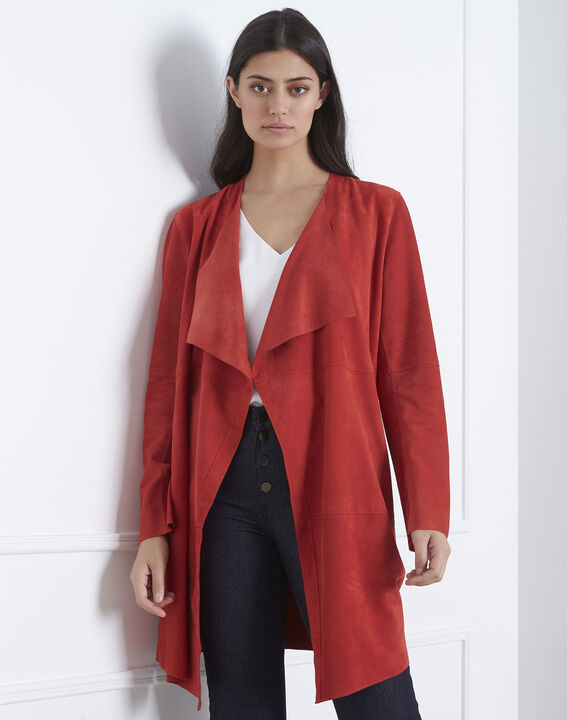 Manteau rouge col chale cuir velours Dgaston | 1-2-3 Manteau rouge col chale cuir velours Dgaston PhotoZ | 1-2-3