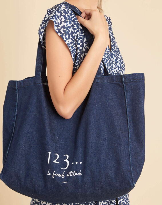 Marineblauwe totebag met denimeffect Diva | 1-2-3 Marineblauwe totebag met denimeffect Diva PhotoZ | 1-2-3