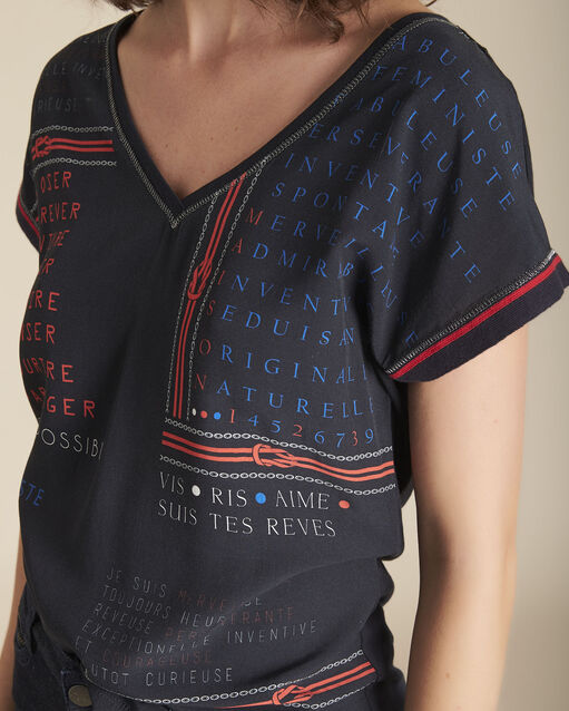 Tee-shirt bimatière imprimé motive marine.