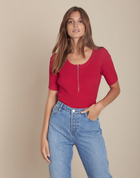 Pull rouge col rond zippé Forbo | 1-2-3 Pull rouge col rond zippé Forbo PhotoZ | 1-2-3