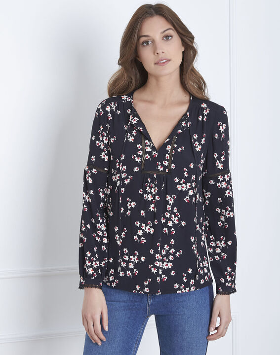 Blouse noire imprimé fleuri Vernis | 1-2-3 Blouse noire imprimé fleuri Vernis PhotoZ | 1-2-3