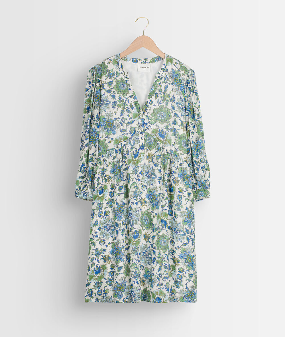 Robe courte et légère à l'imprimé fleuri bleu calypso ecru.