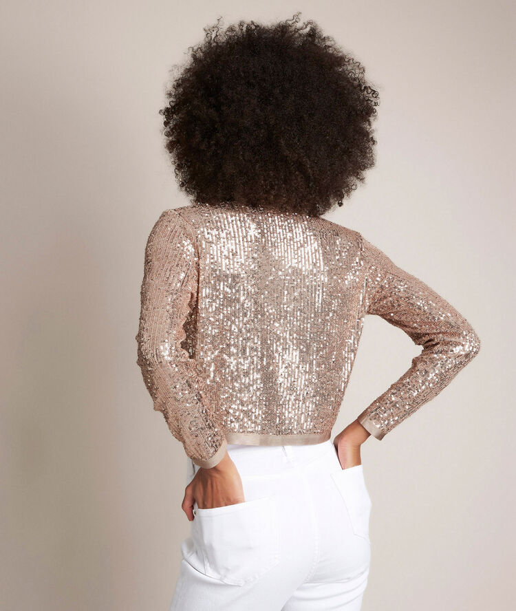 Gilet court sequins rose rock buvard.