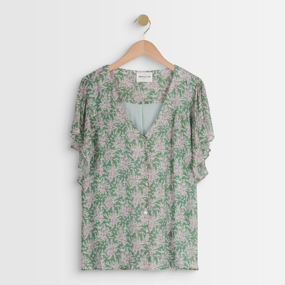Blouse imprimée à volants elou amande.