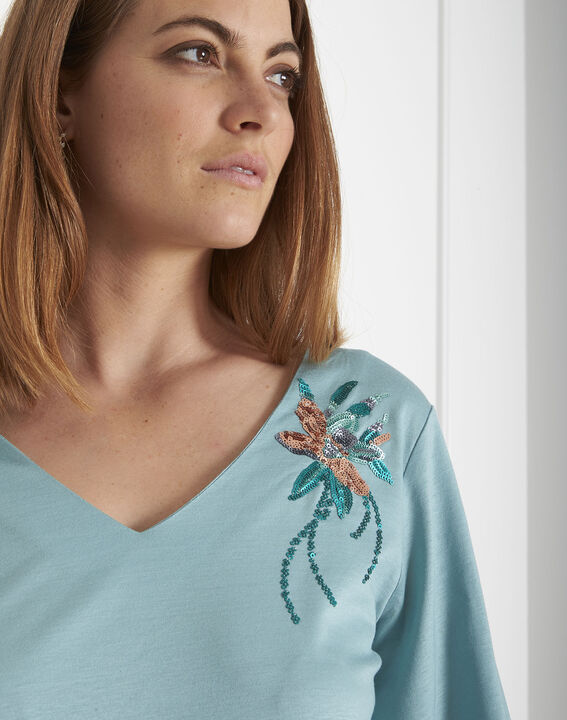 Tee-shirt bleu fleur brodée Pearl | 1-2-3 Tee-shirt bleu fleur brodée Pearl PhotoZ | 1-2-3