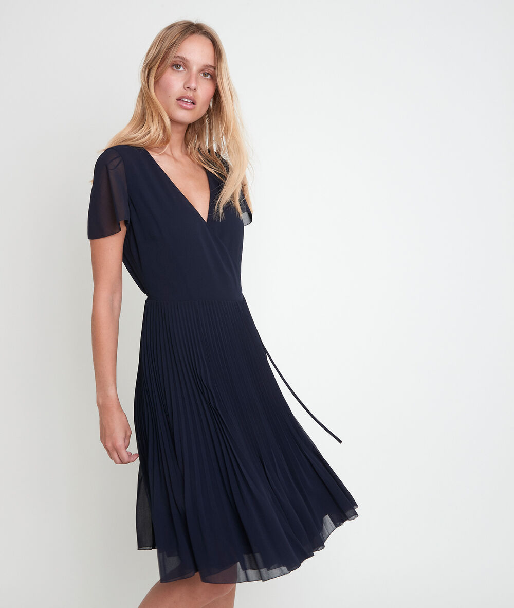 Robe cache-coeur pliss&eacute;e marinette marine.