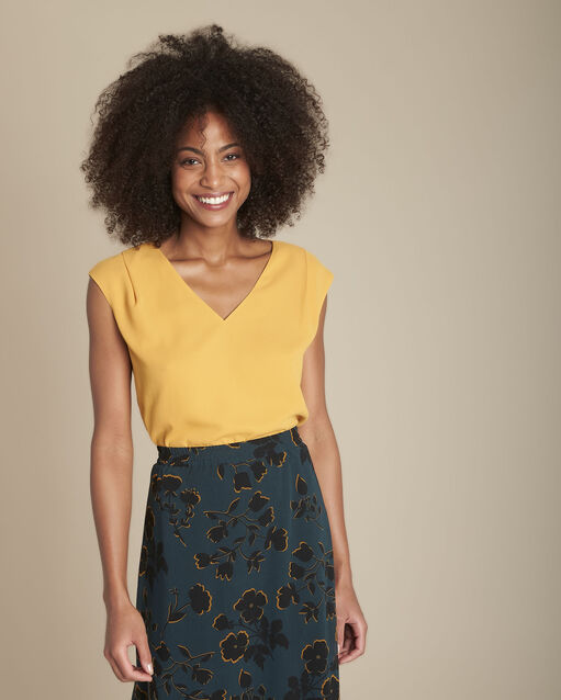 Blouse bimati&egrave;re col v safran neptune soleil.