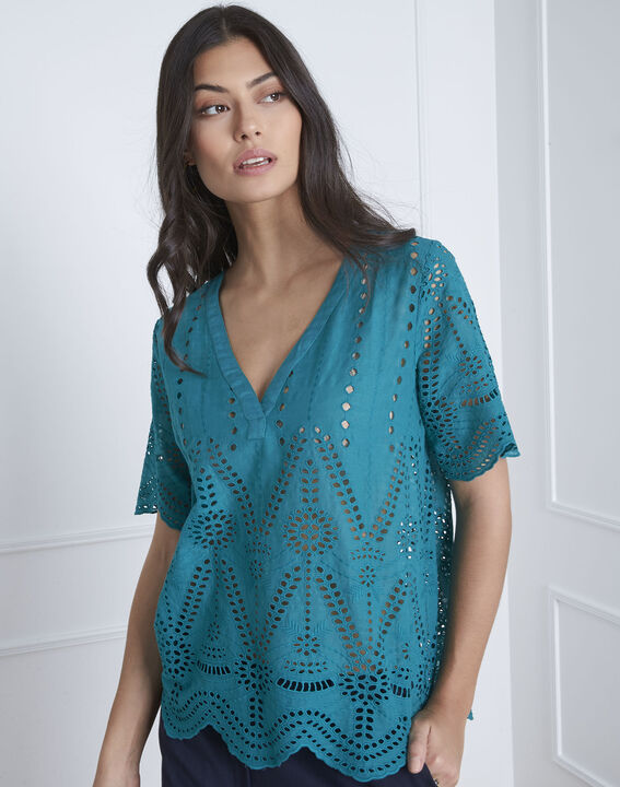 Blouse verte broderie anglaise Voltaire | 1-2-3 Blouse verte broderie anglaise Voltaire PhotoZ | 1-2-3