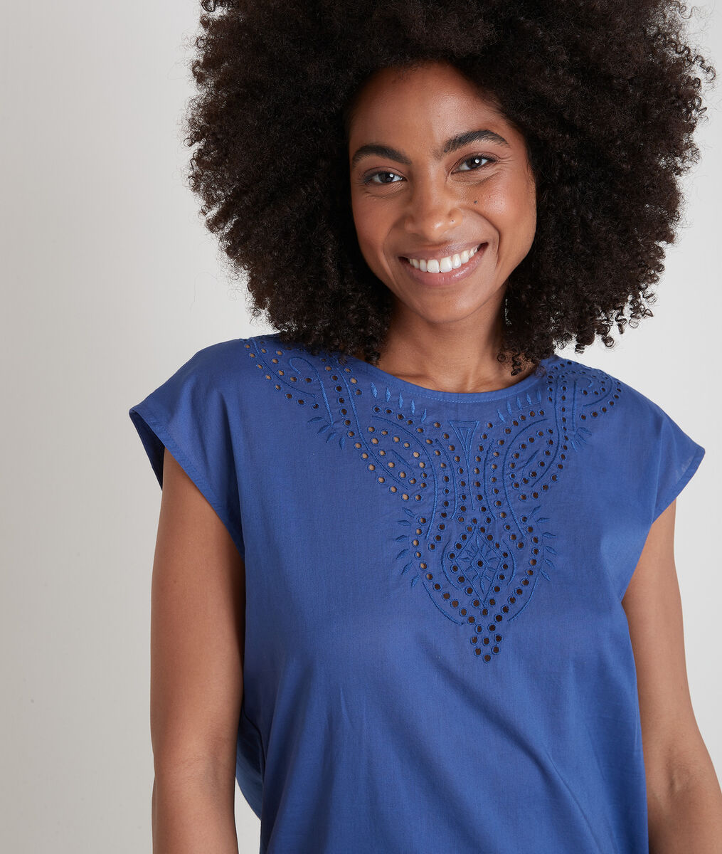 T-shirt bimatière en coton brodé bleu Camille | 1-2-3 T-shirt bimatière en coton brodé bleu Camille PhotoZ | 1-2-3