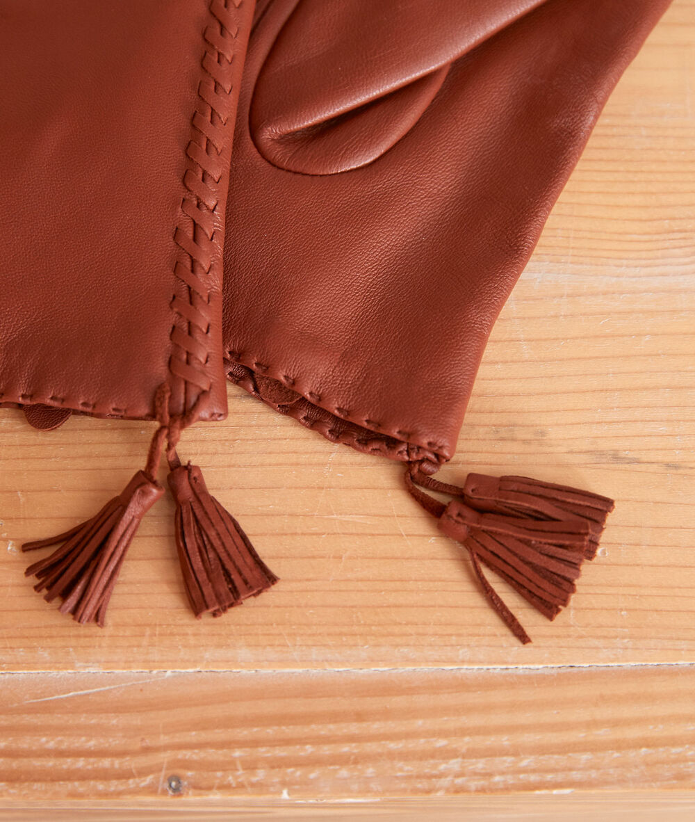 Gants en cuir camel à pompons umberto camel clair.