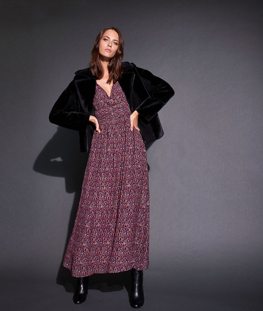 Robe longue imprimée claudine bis grenat.