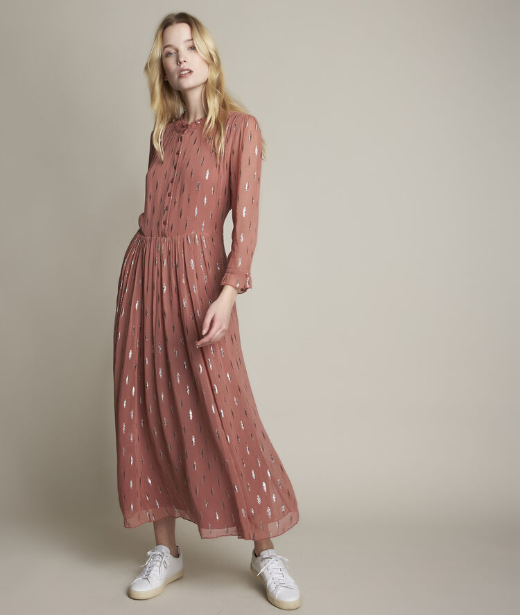 Robe longue imprim&eacute;e lurex oc&eacute;anie rose pale.