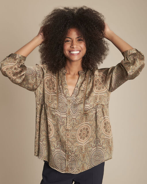 Kakifarbene Bluse mit Kaschmir-Print Martine (2) - Maison 123