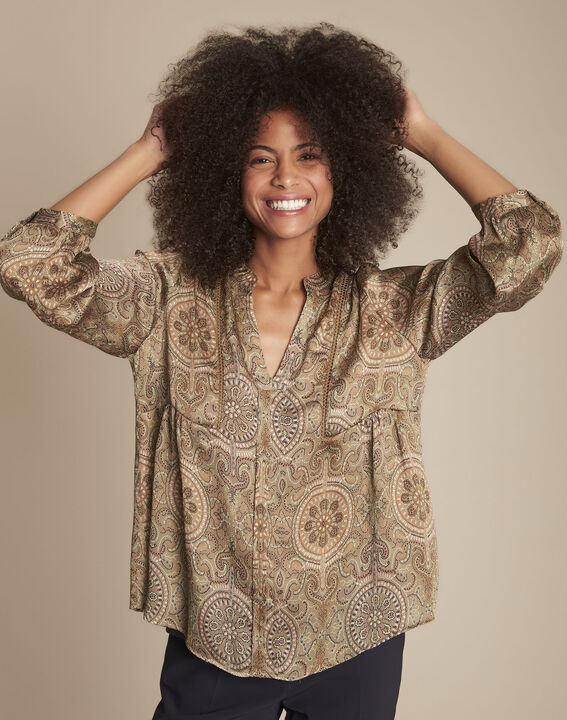 Blouse kaki imprimé cachemire Martine | 1-2-3 Blouse kaki imprimé cachemire Martine PhotoZ | 1-2-3