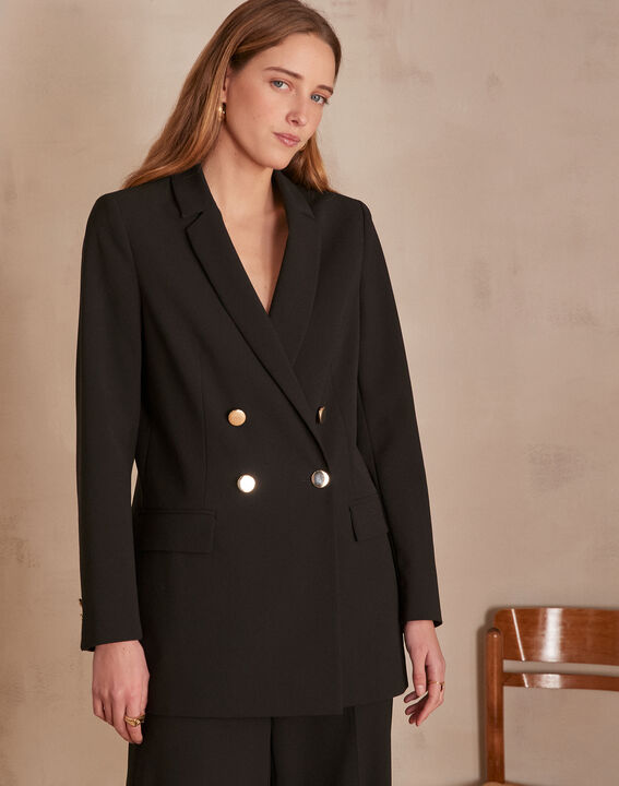 Schwarze, lange und gekreuzte Jacke aus Mikrofaser, Florine | 1-2-3 Schwarze, lange und gekreuzte Jacke aus Mikrofaser, Florine PhotoZ | 1-2-3
