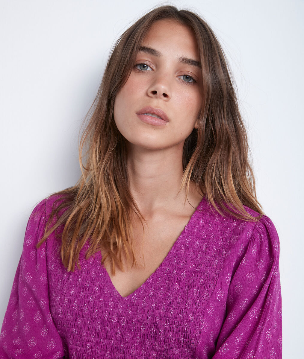 Korte jurk met smokwerk en fushia print Solen | 1-2-3 Korte jurk met smokwerk en fushia print Solen PhotoZ | 1-2-3