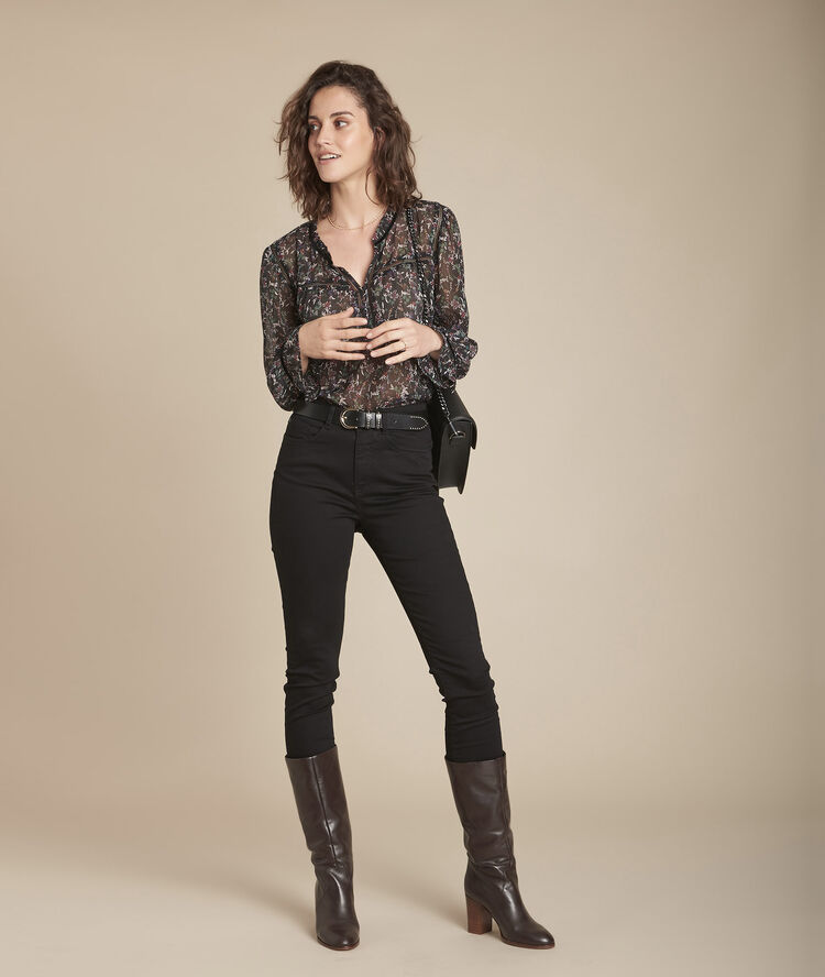 Zwarte blouse met bloemenprint en fluwelen bies marcelline noir.