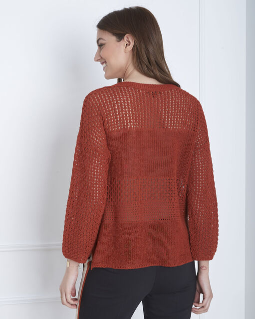 Pull acajou maille fantaisie coton lin alesia sable.