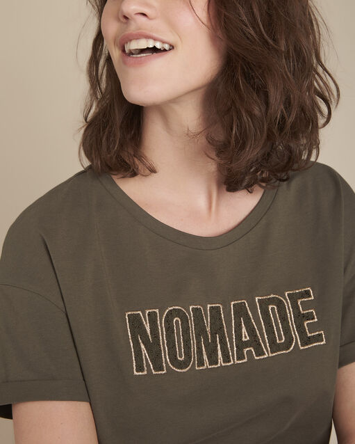 Tee-shirt kaki broderie message dentelle carthagene kaki.