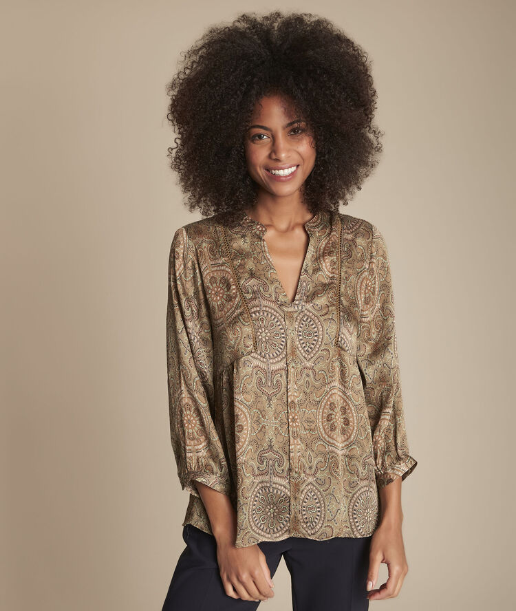 Blouse kaki imprimé cachemire martine jaune pale.