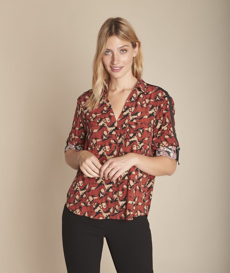 Mahoniebruine blouse met paardenprint cathleen caramel.