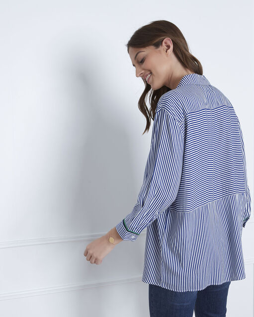 Blouse bleue rayures fines darwin bleu ciel.
