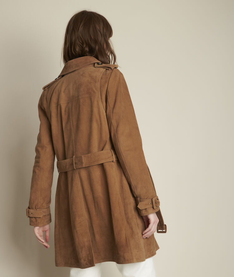 Trench havane en cuir velours qleo greige.