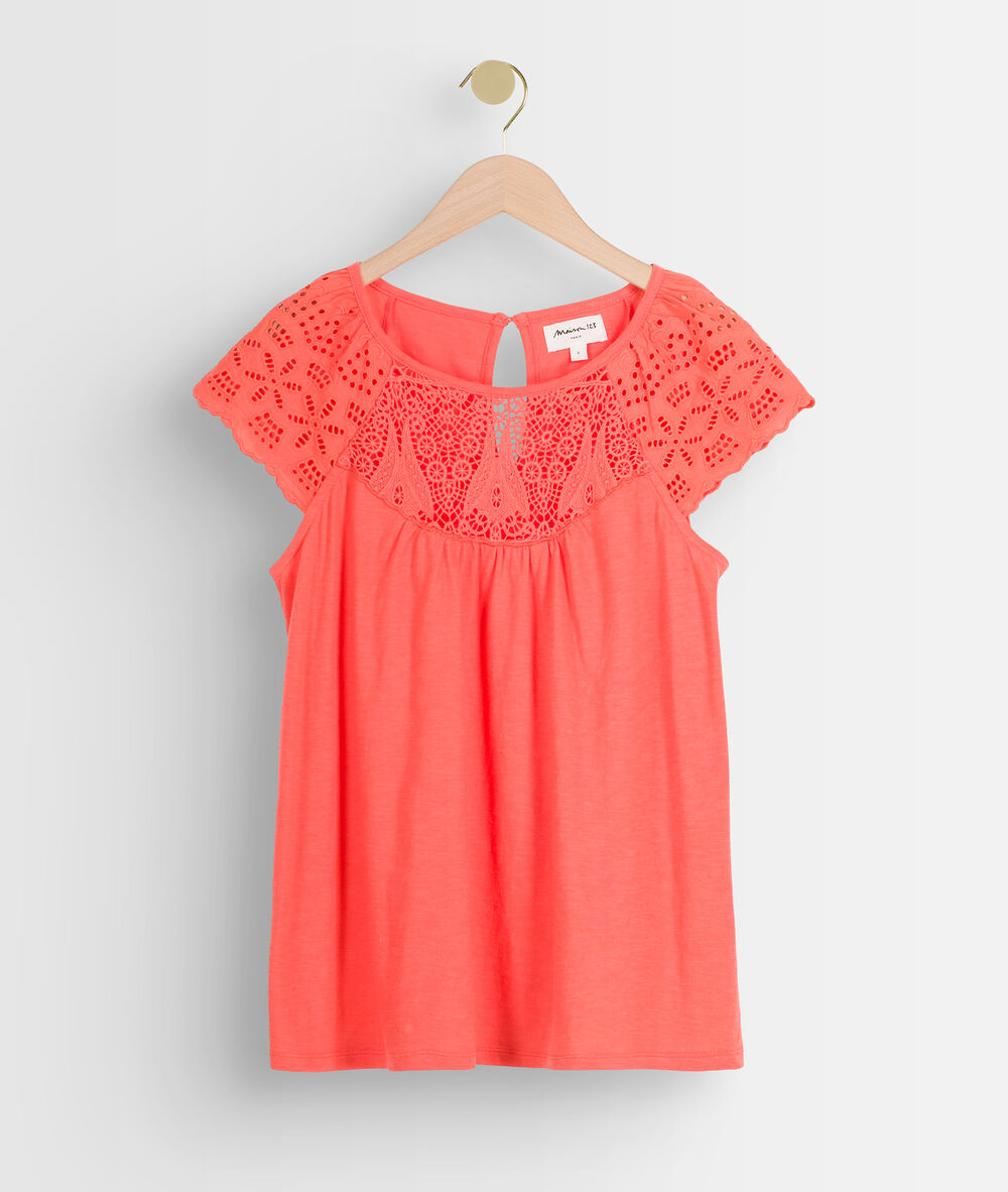 Tee-shirt en coton et dentelle corail ecume corail.