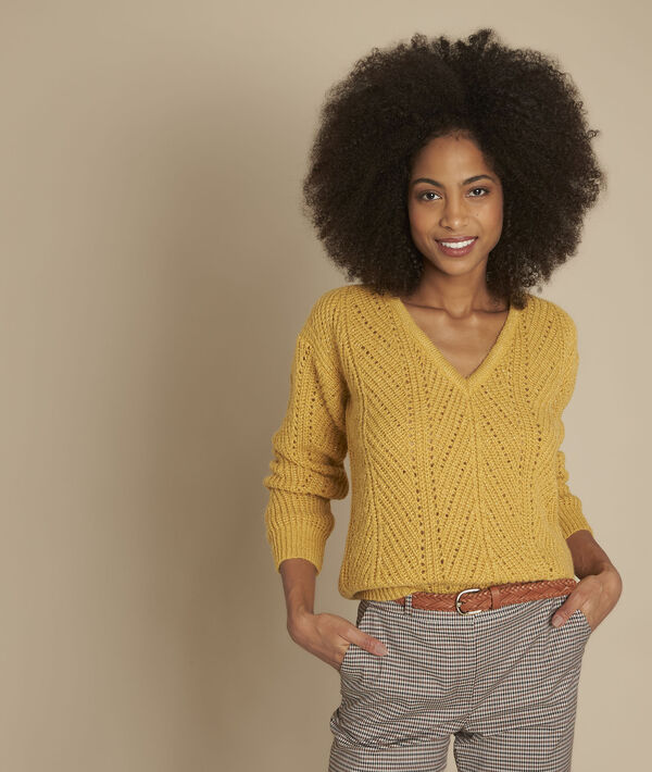 Bernsteinfarbener Pullover mit Lochmuster Fougasse | 1-2-3 Bernsteinfarbener Pullover mit Lochmuster Fougasse PhotoZ | 1-2-3