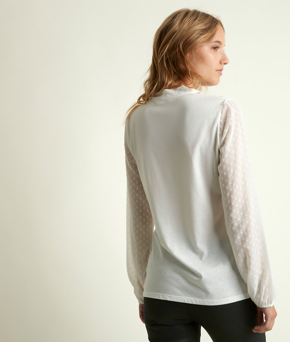 Blouse uit twee materialen met strikkraag diana ecru.