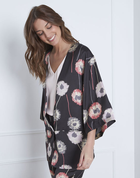 Kimono noir imprimé fleuri effet satin Flore | 1-2-3 Kimono noir imprimé fleuri effet satin Flore PhotoZ | 1-2-3