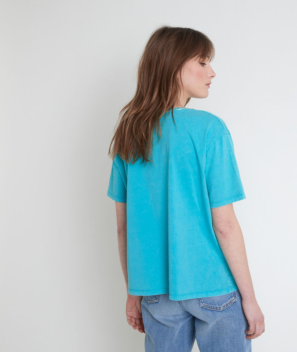 Tee-shirt en coton biologique turquoise à strass inox turquoise.