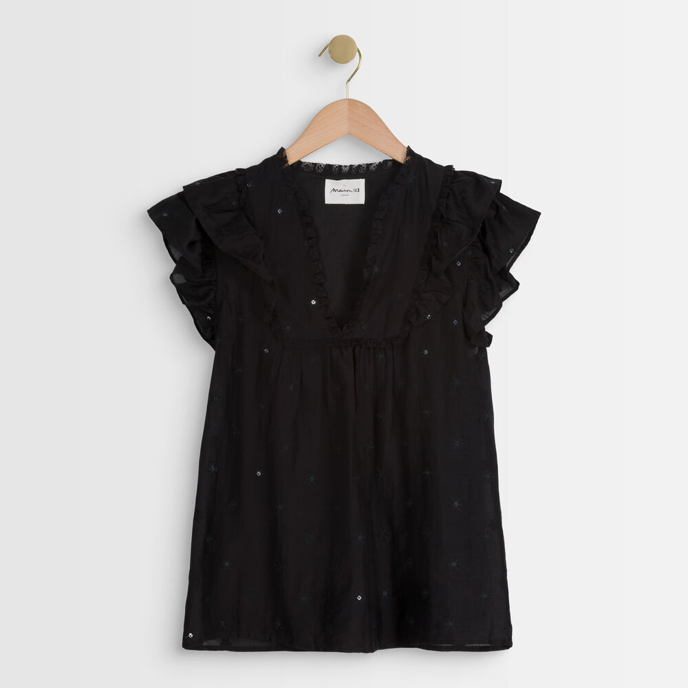 Blouse en coton biologique brodée tarin noir.