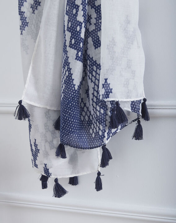 Foulard bleu imprimé à pompons Oriane | 1-2-3 Foulard bleu imprimé à pompons Oriane PhotoZ | 1-2-3
