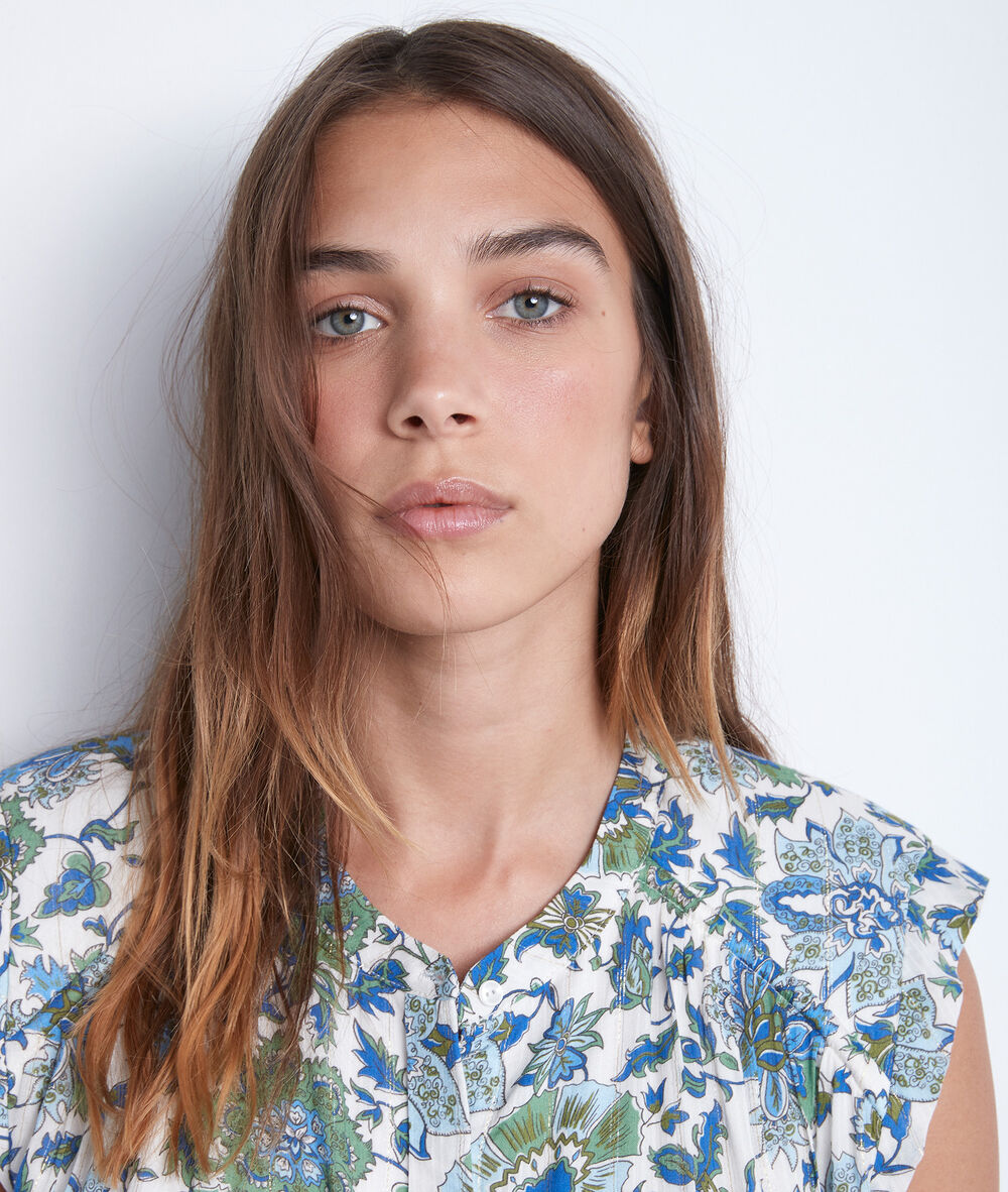 Blouse sans manche à épaulettes imprimée tracy ecru.