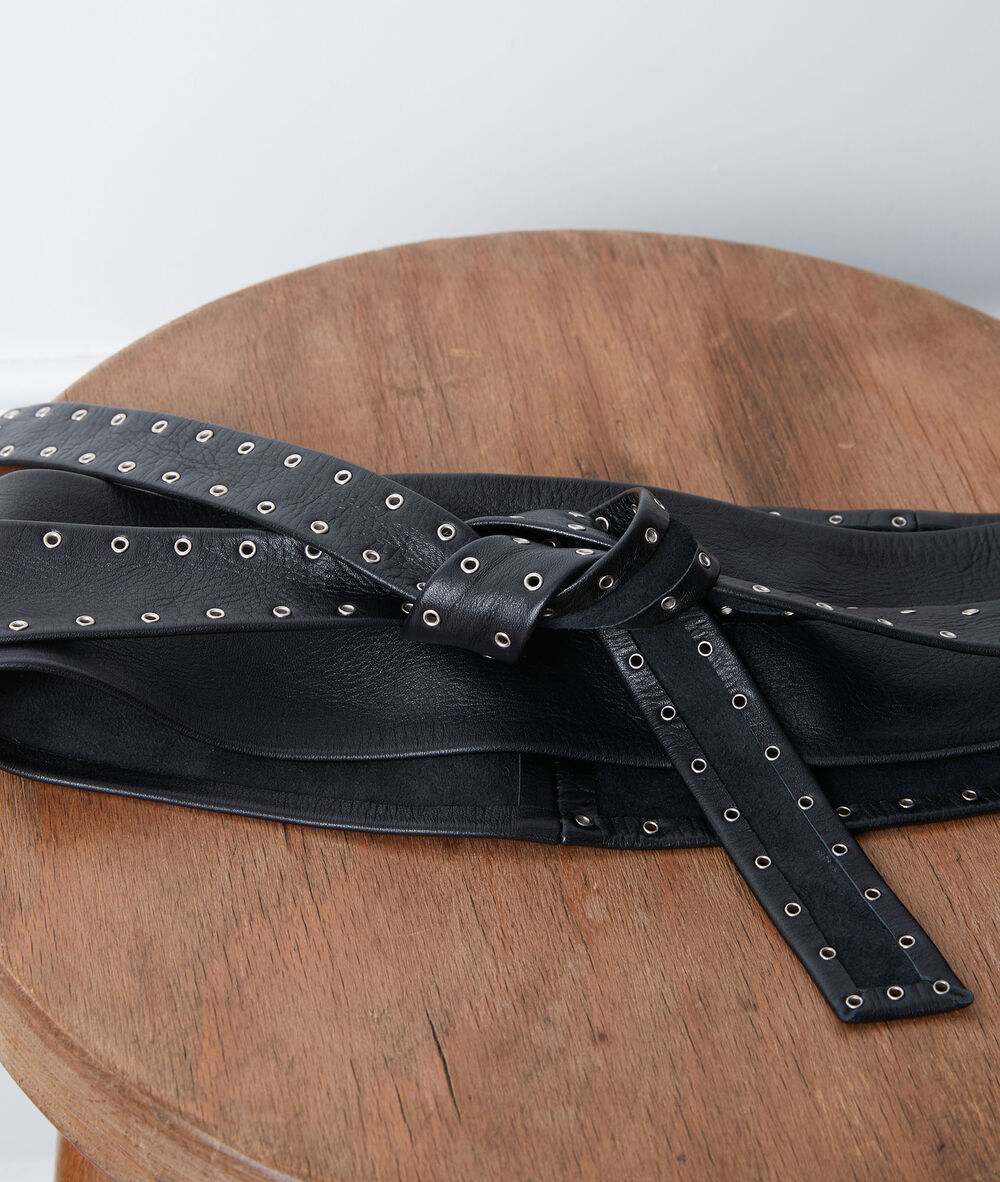 Ceinture large en cuir noire &agrave; nouer sharon noir.