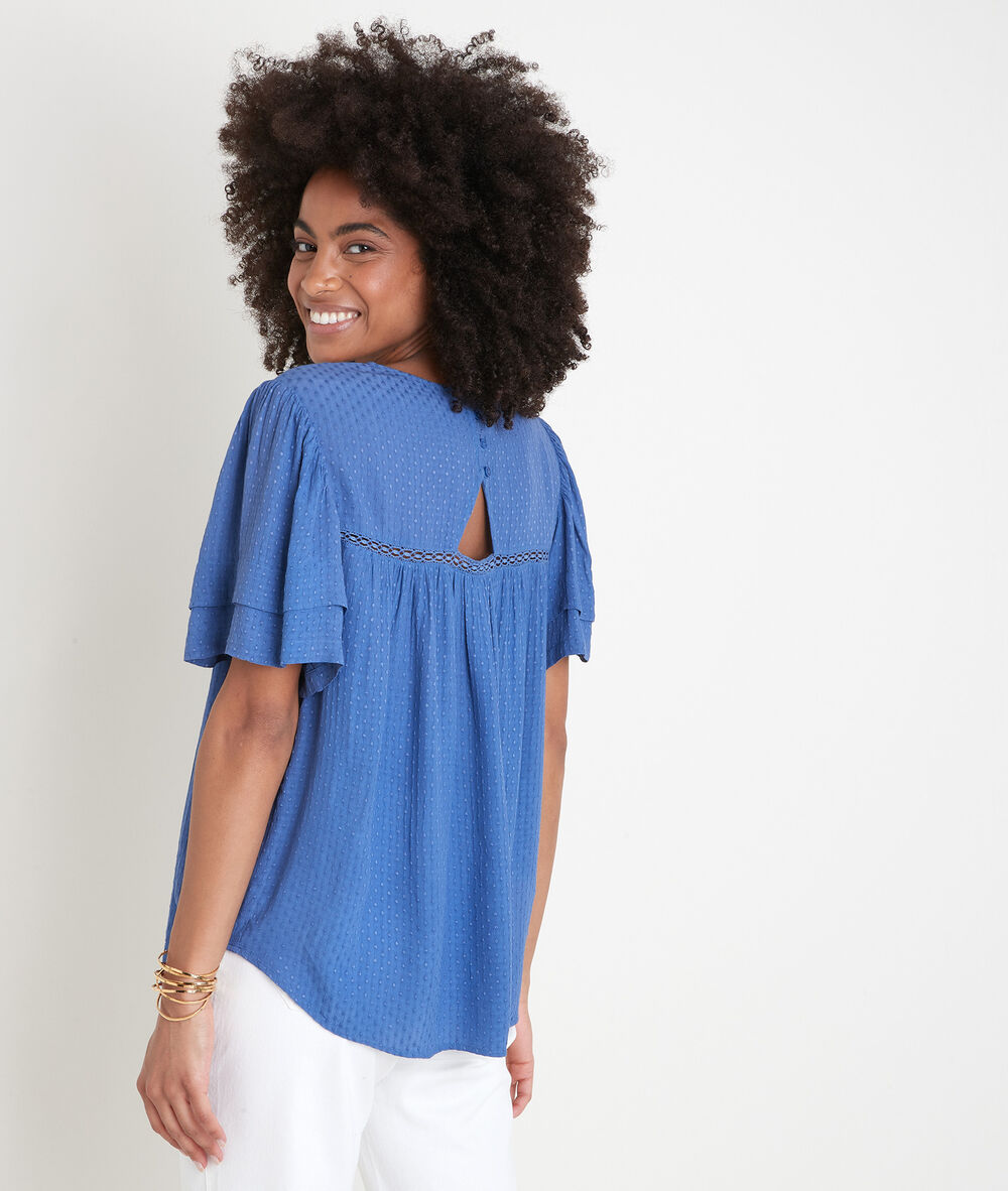 Blouse ample avec dentelle bleue abi denim brut.