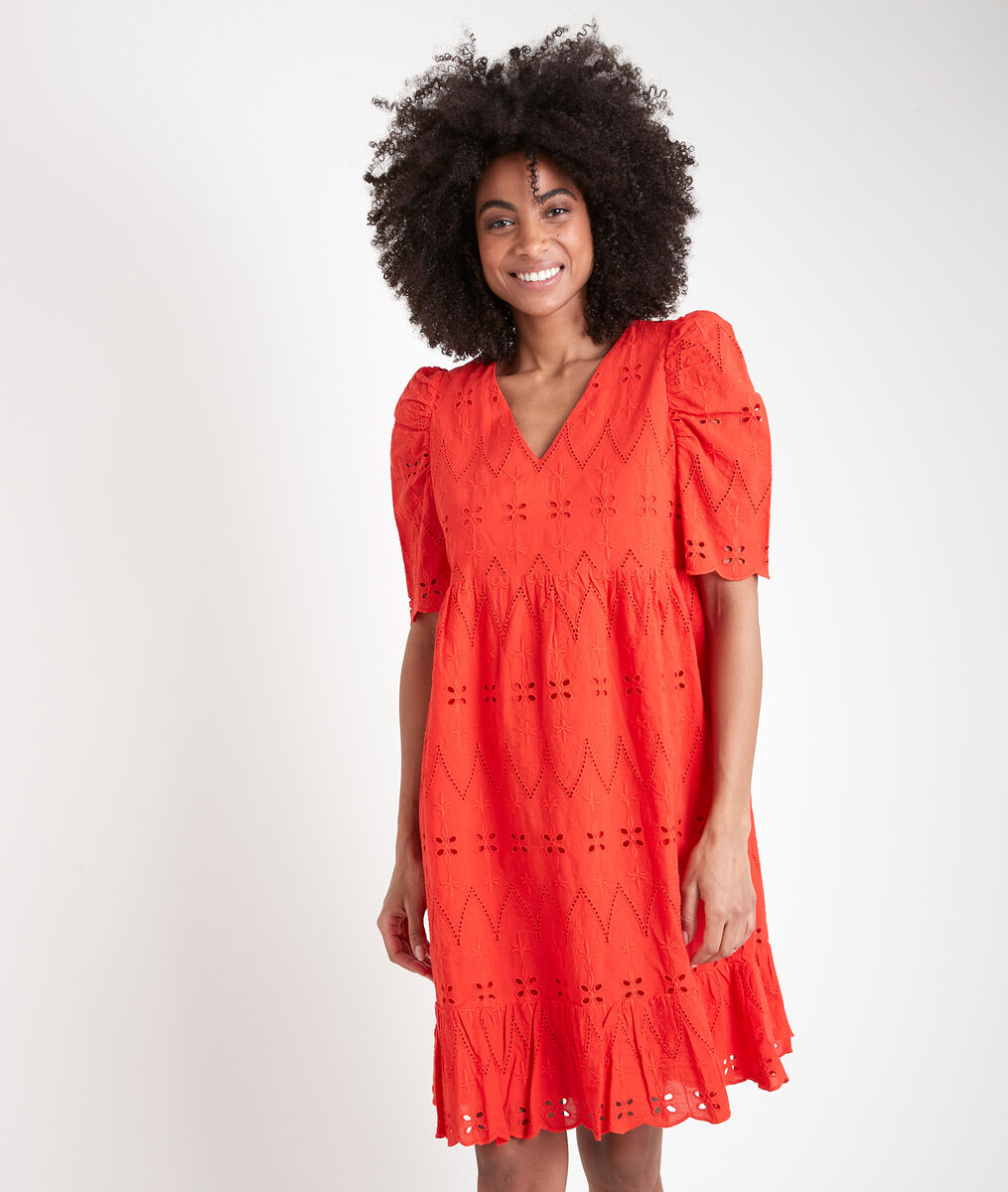 Robe courte corail en coton biologique brodé Lamie | 1-2-3 Robe courte corail en coton biologique brodé Lamie PhotoZ | 1-2-3