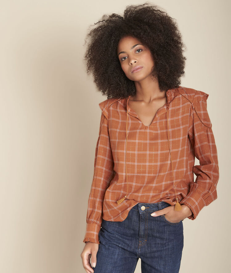 Geruite blouse mado caramel.