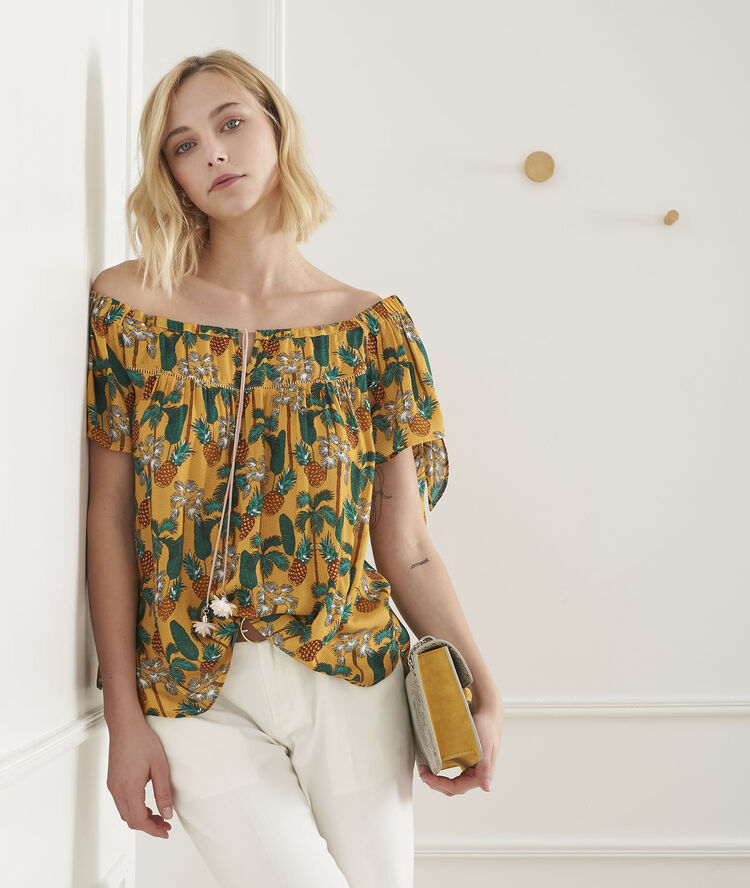 Gelbe bluse mit ananas-print vananas havanabraun.