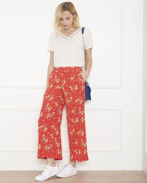 Pantalon rouge large imprimé fleuri gigi geranium.