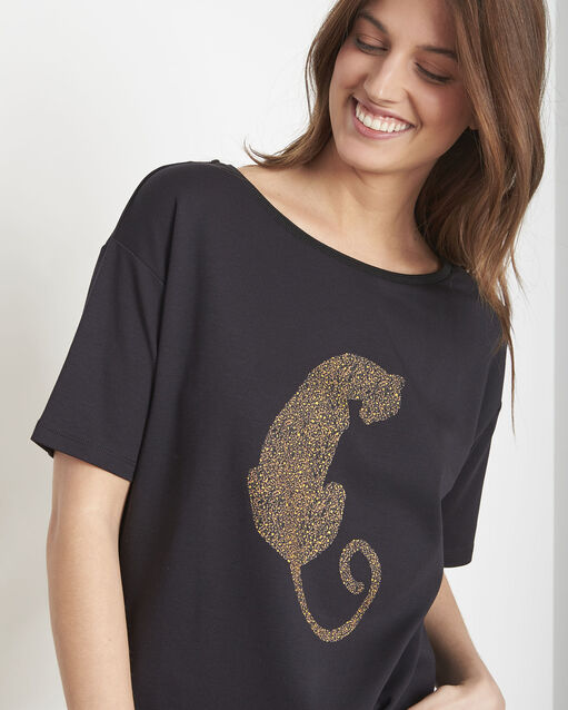 Tee-shirt noir imprimé panthère piel noir.