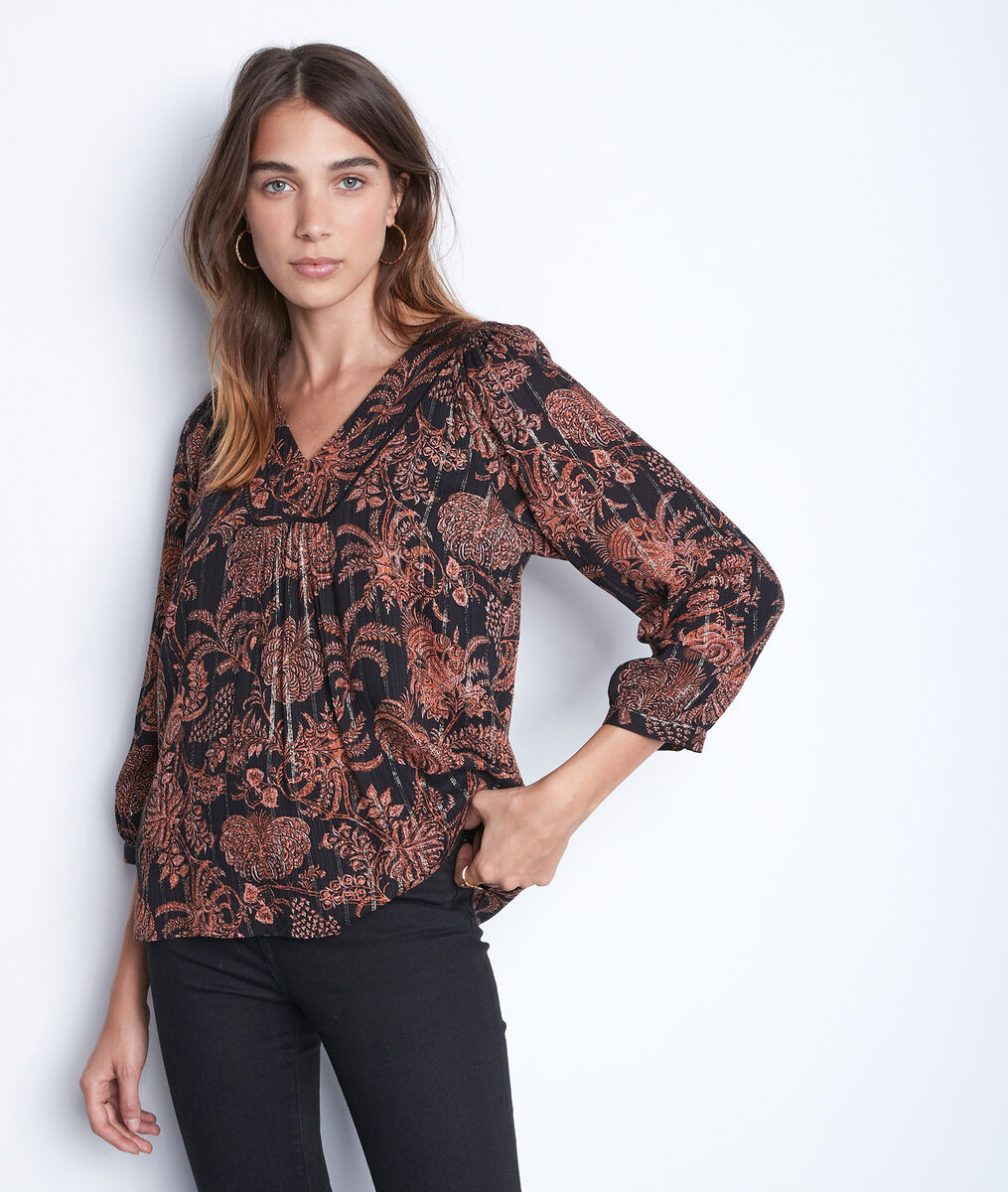 Soepele blouse met zwarte en oranje print Tolly | 1-2-3 Soepele blouse met zwarte en oranje print Tolly PhotoZ | 1-2-3