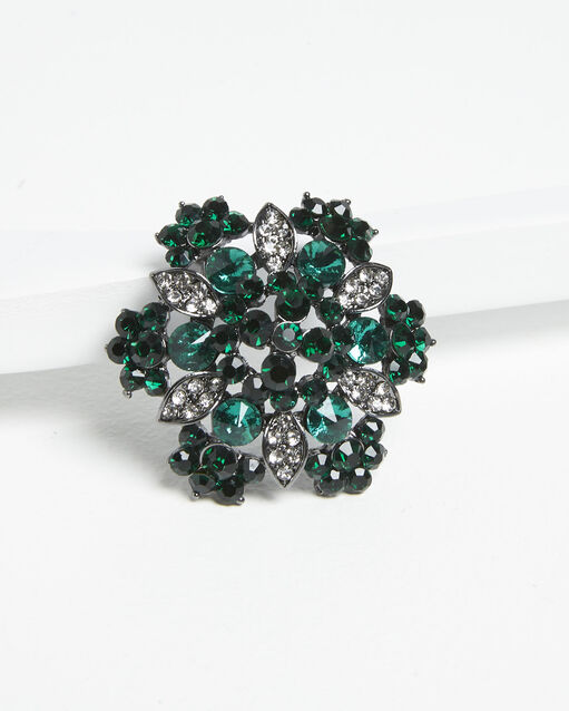 Broche florale argentée et émeraude xane petrole.